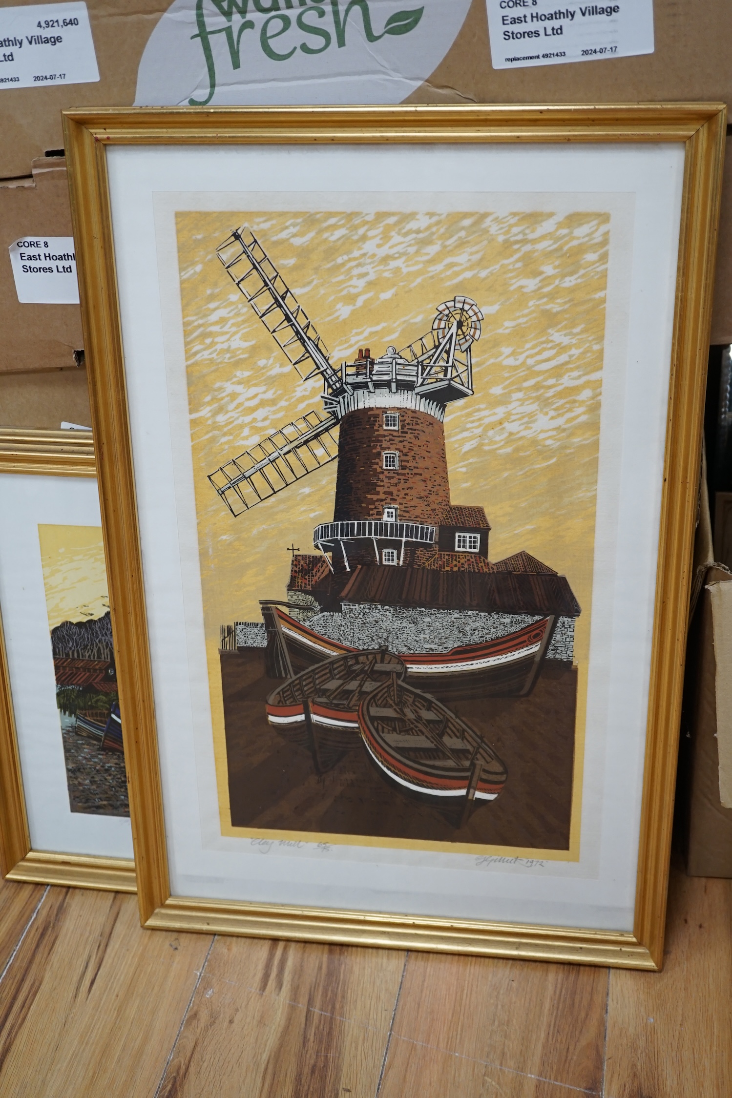 G. Gillick, four colour linocuts including 'Wells Next the Sea', 'Clay Mill', 'Blakeney Quay' and 'White House at Brancaster', each signed in pencil and limited edition, largest 51 x 32cm. Condition - fair